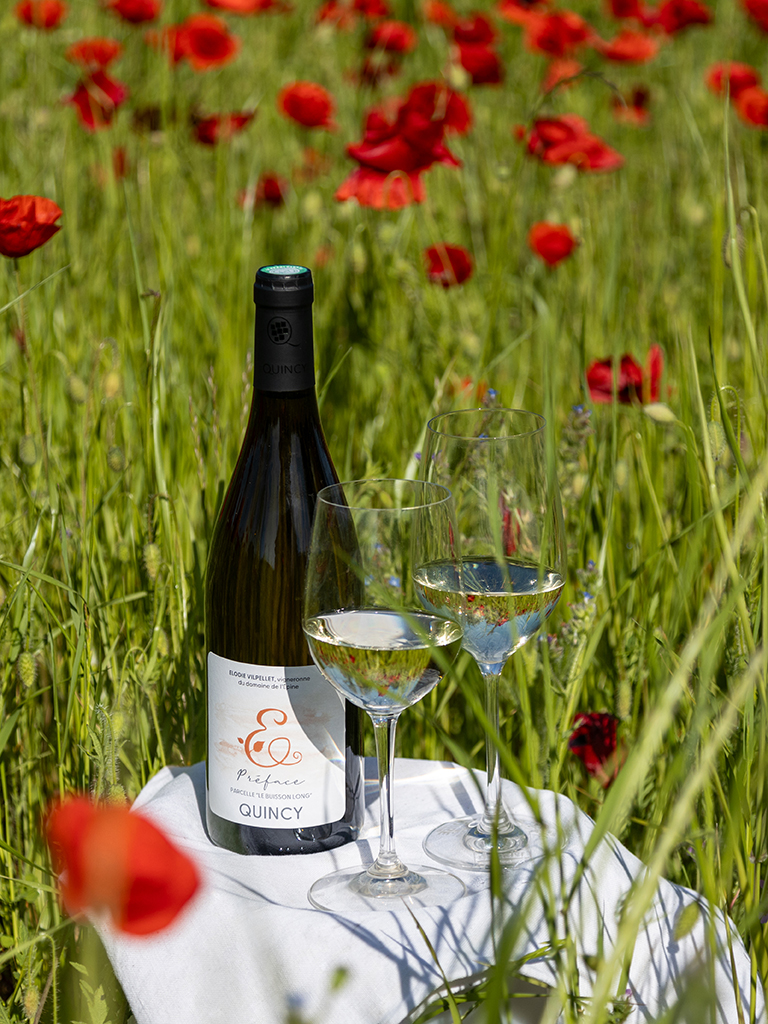 Cuvée préface avec deux verres entourés de coquelicots